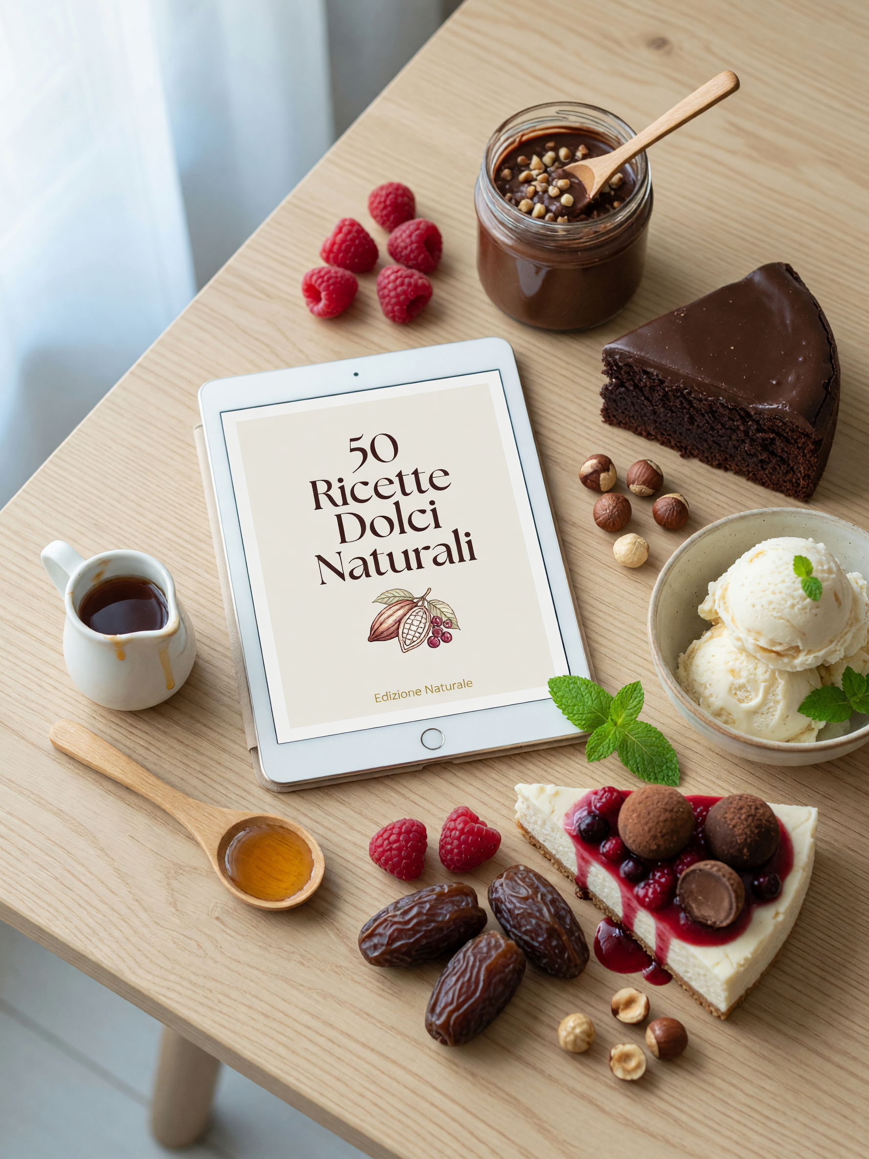 Crea una nuova copertina più professionale e accattivante per un ricettario PDF intitolato “50 Ricette Dolci Naturali”. Mostra una composizione elegante e appetitosa di dolci naturali fatti in casa: torta morbida, brownies, frutta fresca, cioccolato fondente, miele e frutta secca. Stile editoriale premium, luminoso e invitante, fotografia food realistica, palette calda crema e cacao, sfondo pulito, composizione verticale 3:4. Non inserire testo, titoli, lettere o loghi nell'immagine: il testo sarà aggiunto separatamente nella pagina.
